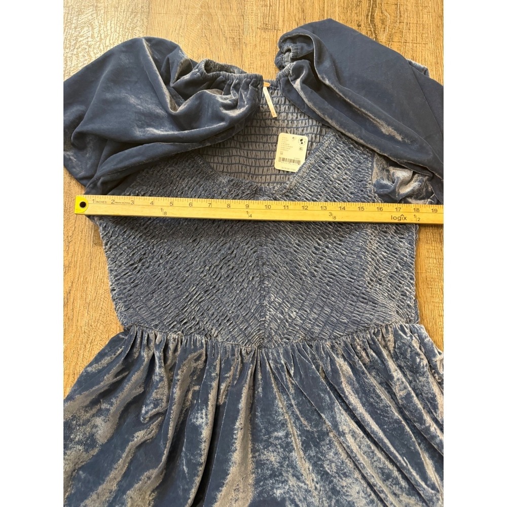 Free People Blue Velvet Smocked Mini Dress OB12138008 Size M NWT - Picture 3 of 8